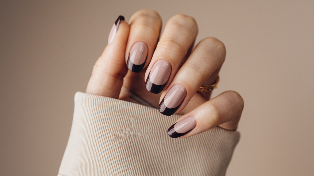 Manicura francesa inversa en tonos nude y burdeos.
