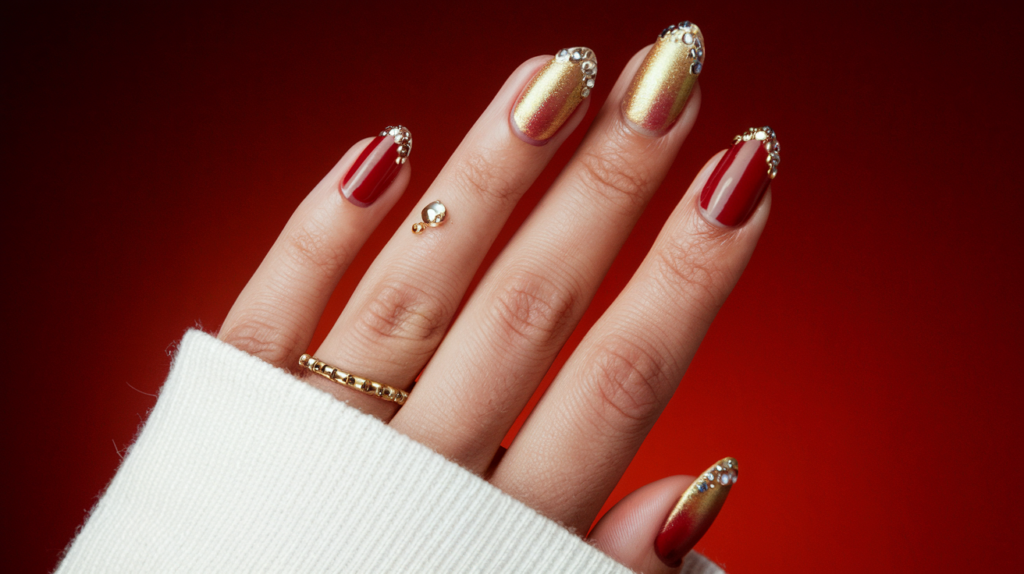 Uñas ombré en tonos dorado y rojo para fin de año.