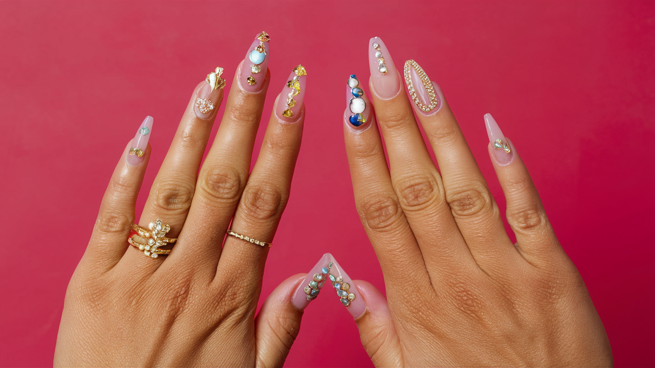 Uñas acrílicas con diseños decorados con piedras preciosas