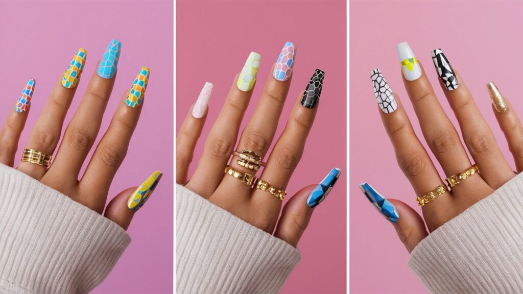 Diferentes estilos de diseño de mosaico en uñas.