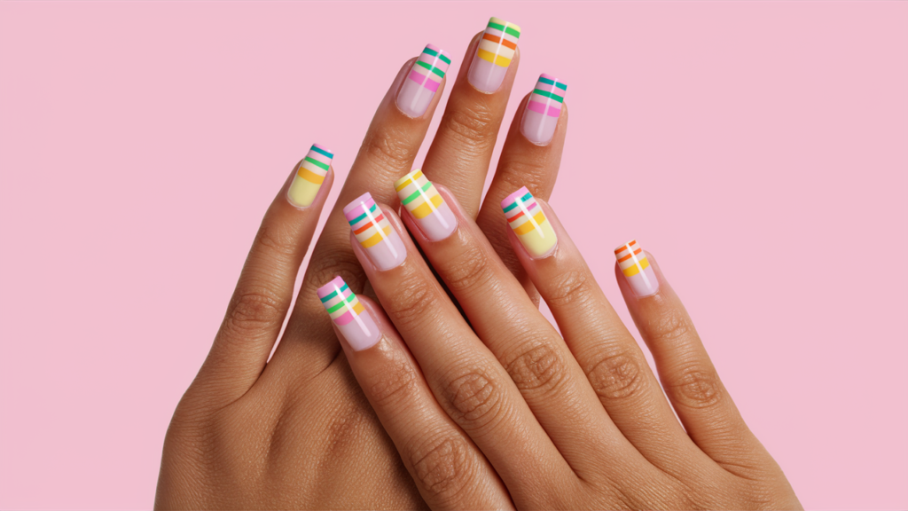 Uñas con franjas multicolores en tonos pastel y colores vivos.