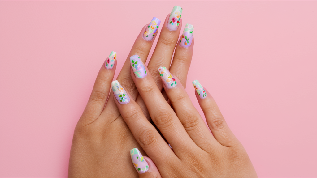 Uñas con diseño floral en efecto acuarela