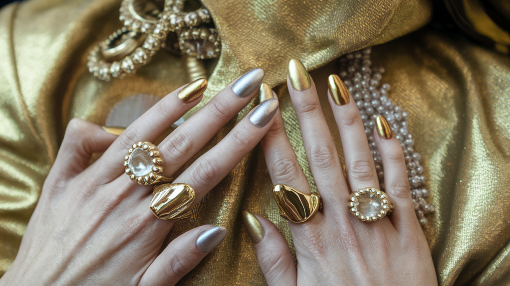 Uñas doradas y plateadas metálicas con accesorios festivos.