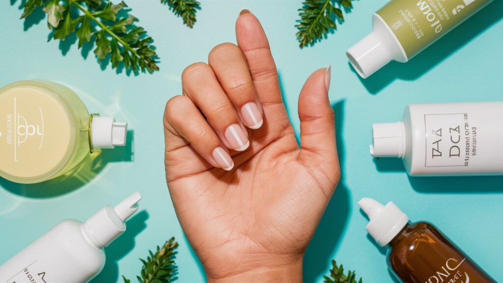 Uñas naturales saludables con productos de cuidado.