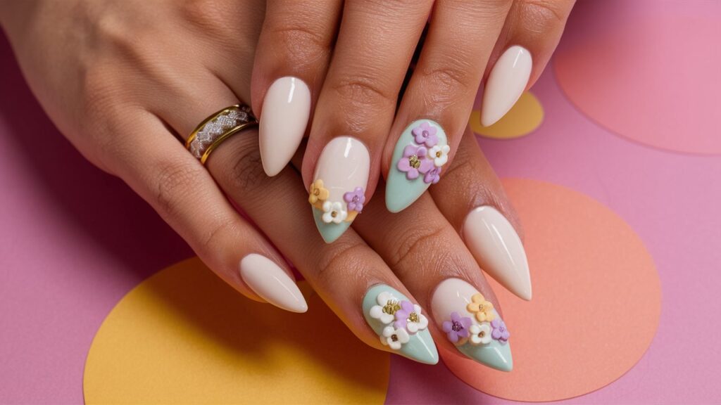 Uñas con flores tridimensionales en colores pastel.
