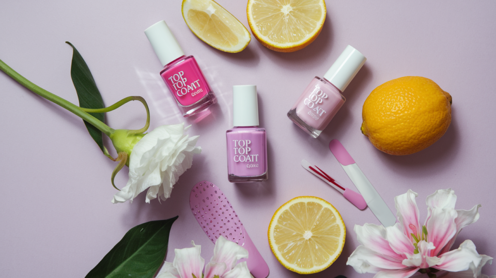 Aceite de cutículas, lima y top coat para el cuidado de uñas.
