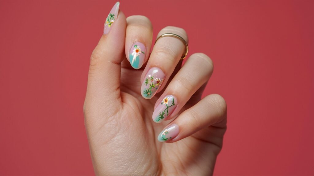 Diseño de uñas con flores silvestres.