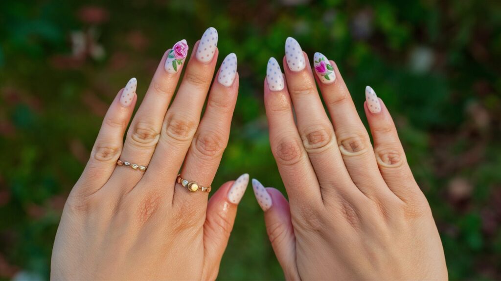 Diseño de uñas con lunares y flores.